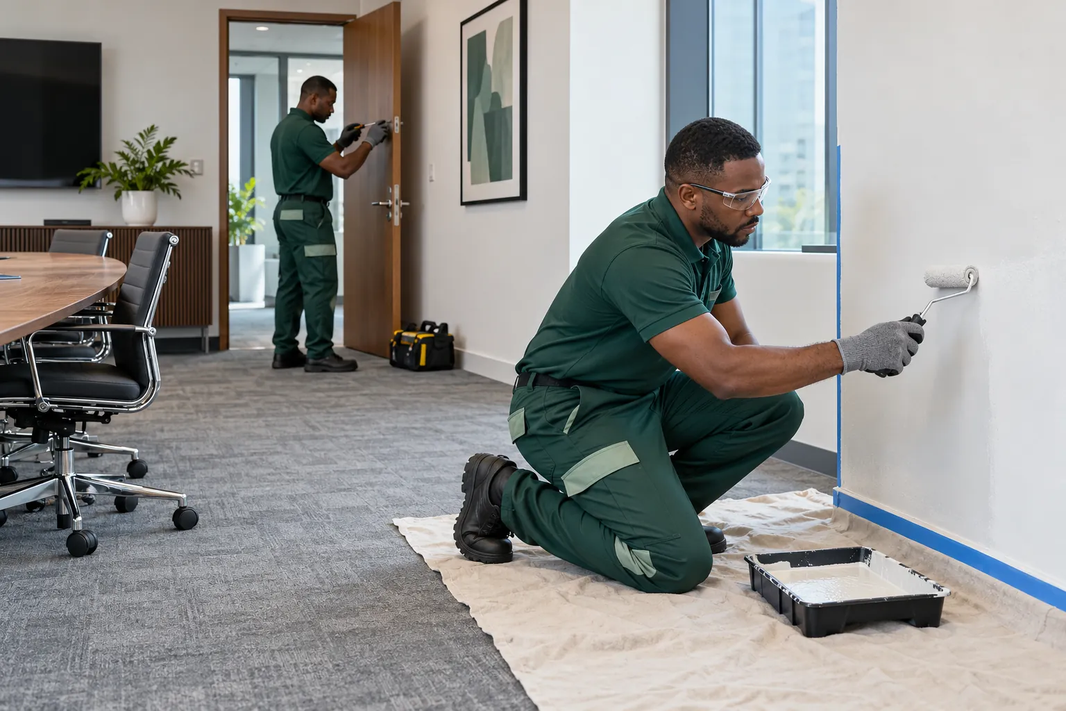 A technician rolls touch-up paint on a masked office wall over a protective dust sheet