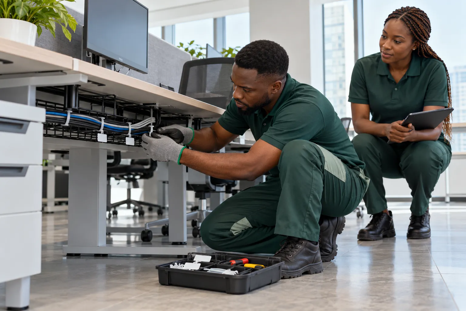 A technician tidies cables in an under-desk tray while a colleague records the route on a tablet