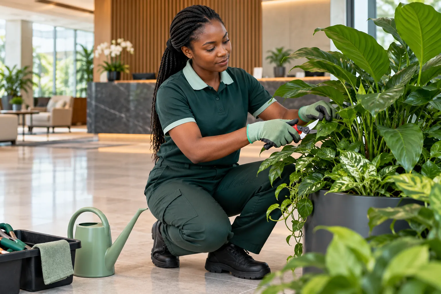 A plant-care specialist prunes a large potted plant in an office reception, with a watering can nearby